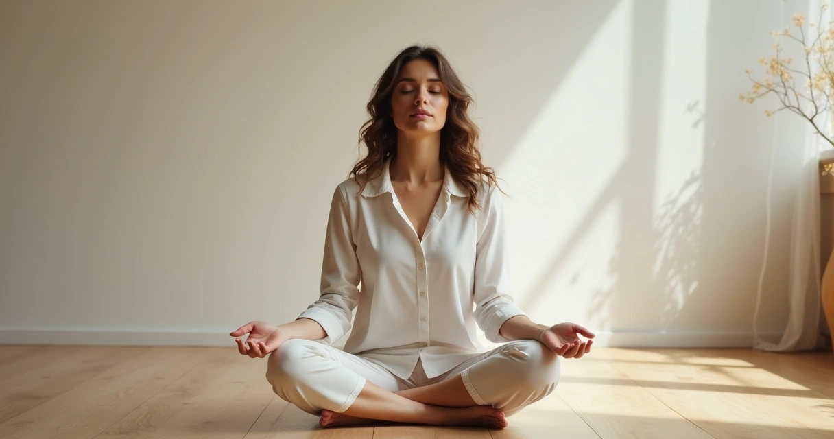Mulher sentada meditando em silêncio de olhos fechados
