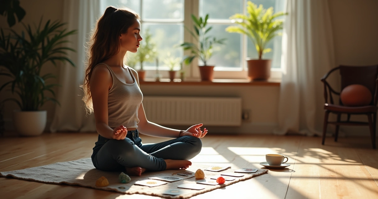 Mulher sentada em posição de meditação próxima a cartas de tarot e cristais 