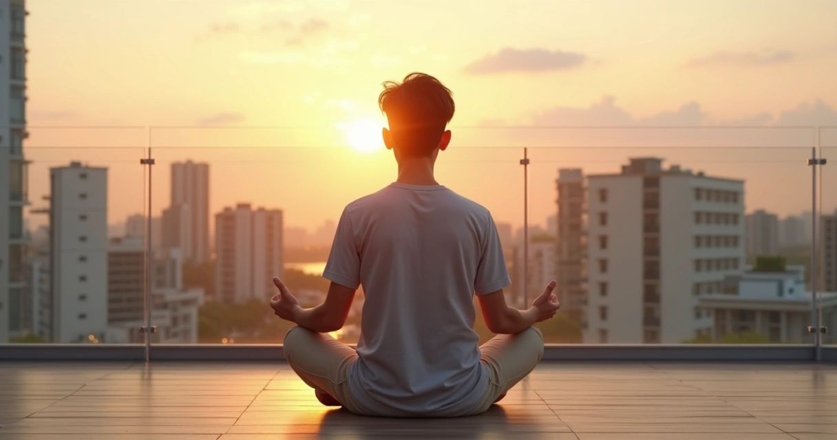 Pessoa sentada meditando ao amanhecer com cidade moderna ao fundo 