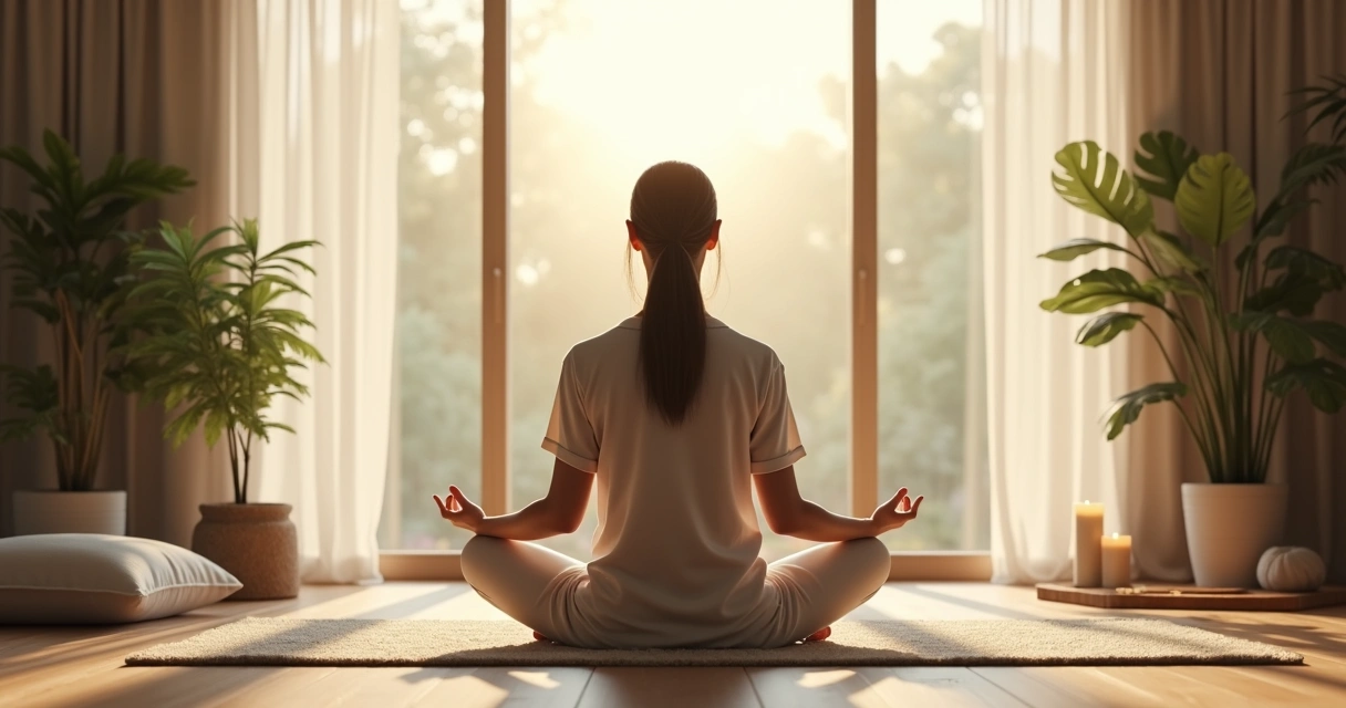 Mulher sentada em posição de lótus meditando em ambiente tranquilo 