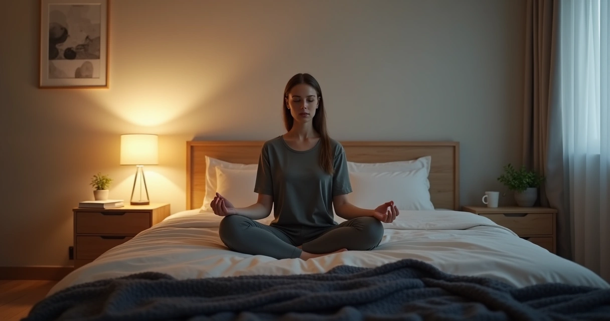 Mulher sentada na cama meditando antes de dormir em quarto escuro e aconchegante 