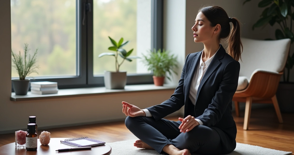 Mulher sentada de olhos fechados, meditando calmamente antes de uma entrevista, com luz suave ao fundo 