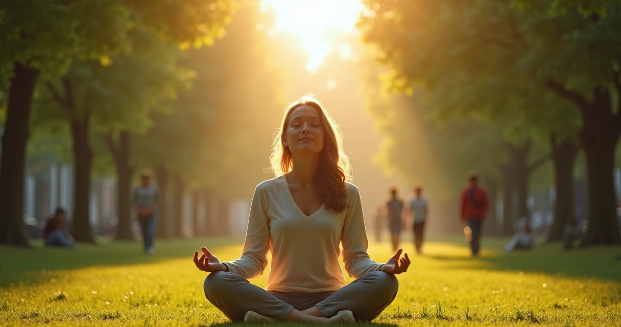 Mulher sentada meditando em parque ao ar livre 
