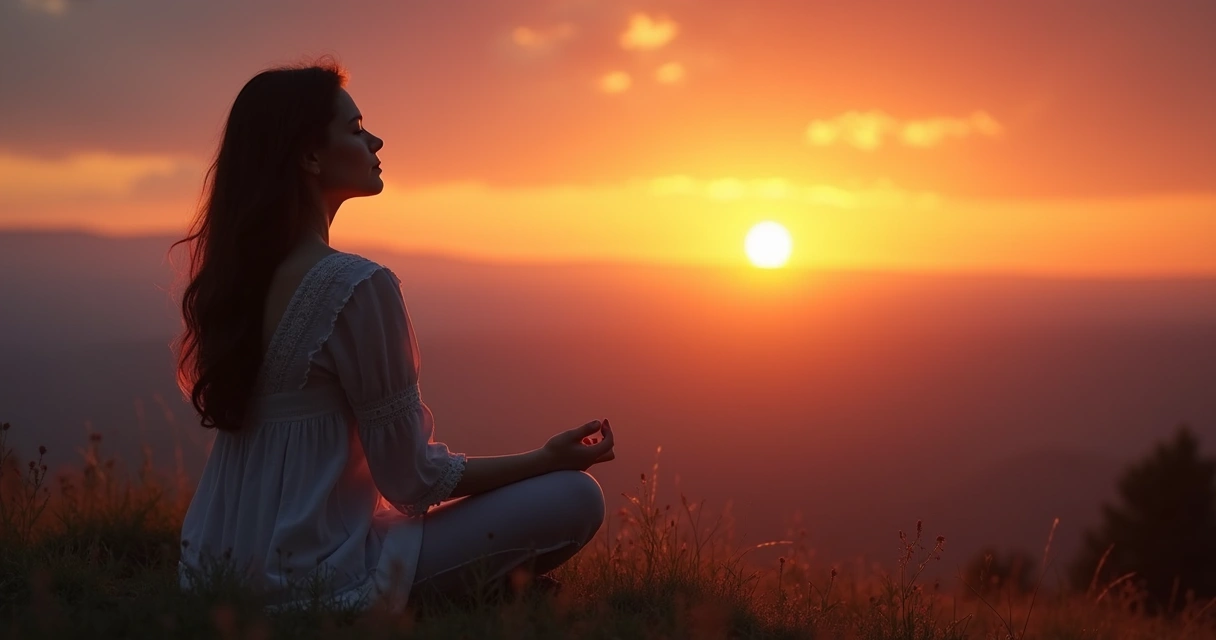 Mulher sentada ao pôr-do-sol praticando meditação 
