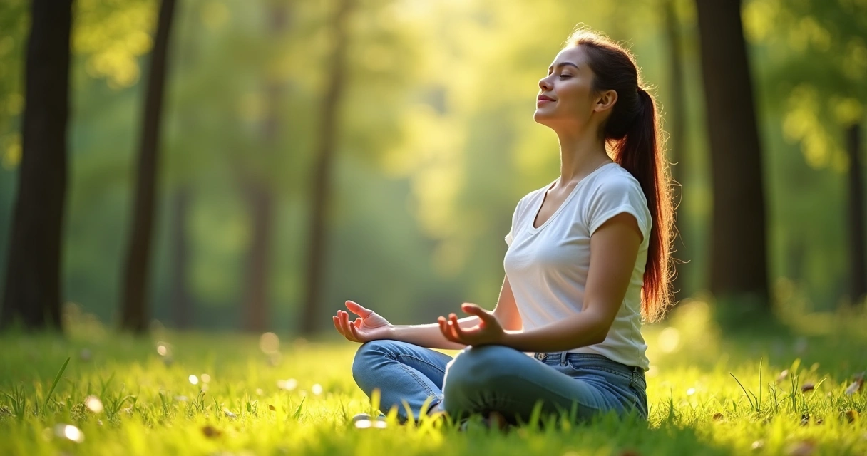 Mulher sentada ao ar livre meditando com olhos fechados, natureza ao fundo 