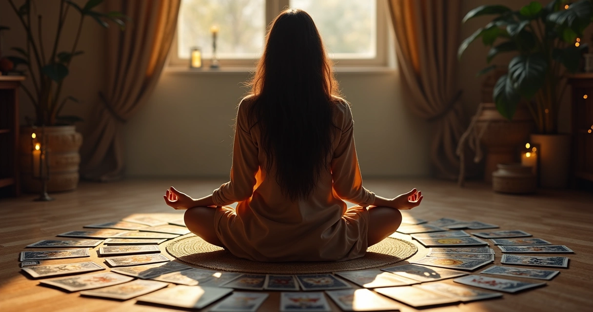 Mulher em postura de meditação rodeada de cartas de tarot 