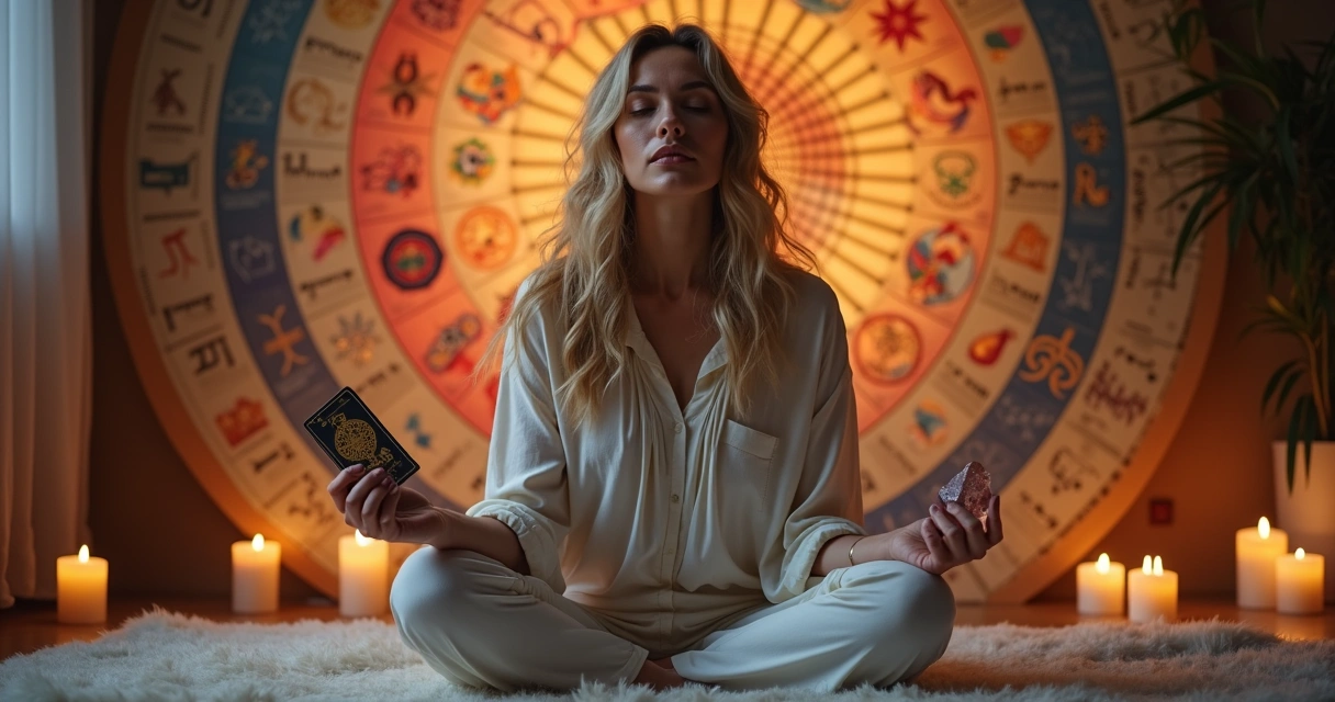 Mulher sentada com olhos fechados, segurando carta de tarot com mapa astral ao fundo 