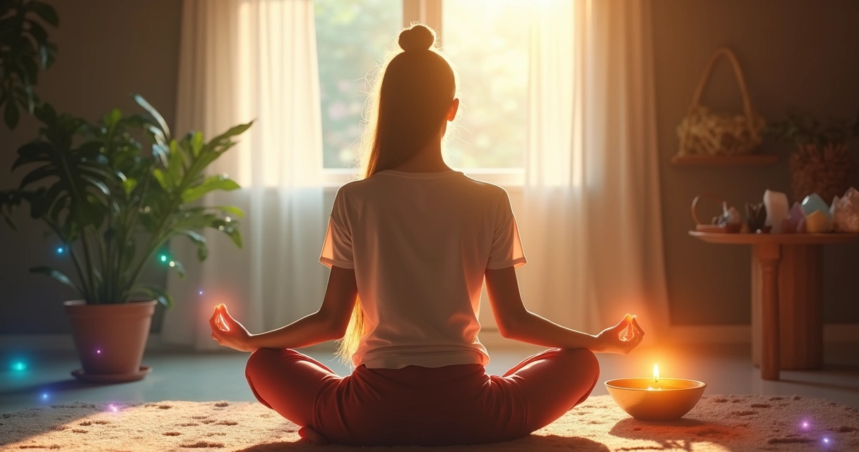 Mulher sentada com olhos fechados cercada por auras coloridas e candeeiro dourado