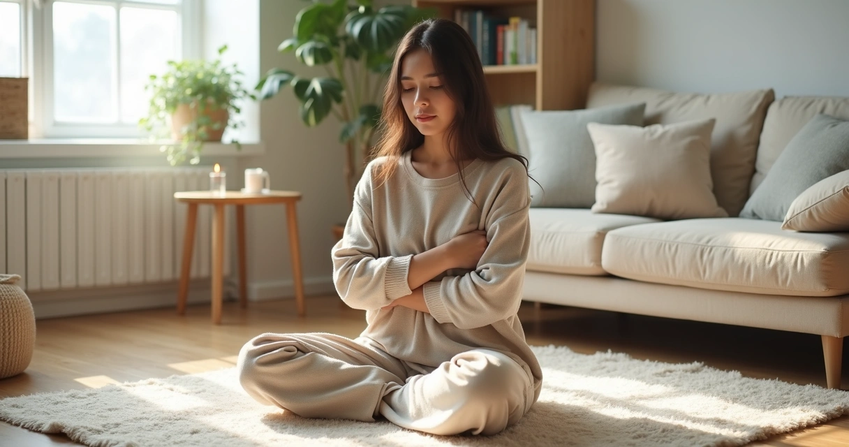 Mulher sentada meditando com expressão serena em ambiente iluminado e acolhedor 