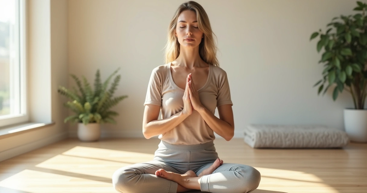 Mulher sentada meditando em ambiente claro com gesto de autocompaixão no peito 