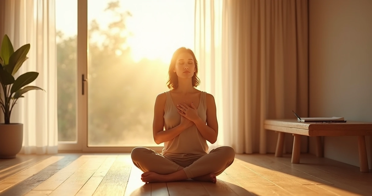 Mulher sentada em posição de meditação com mão no peito em postura de autocompaixão 