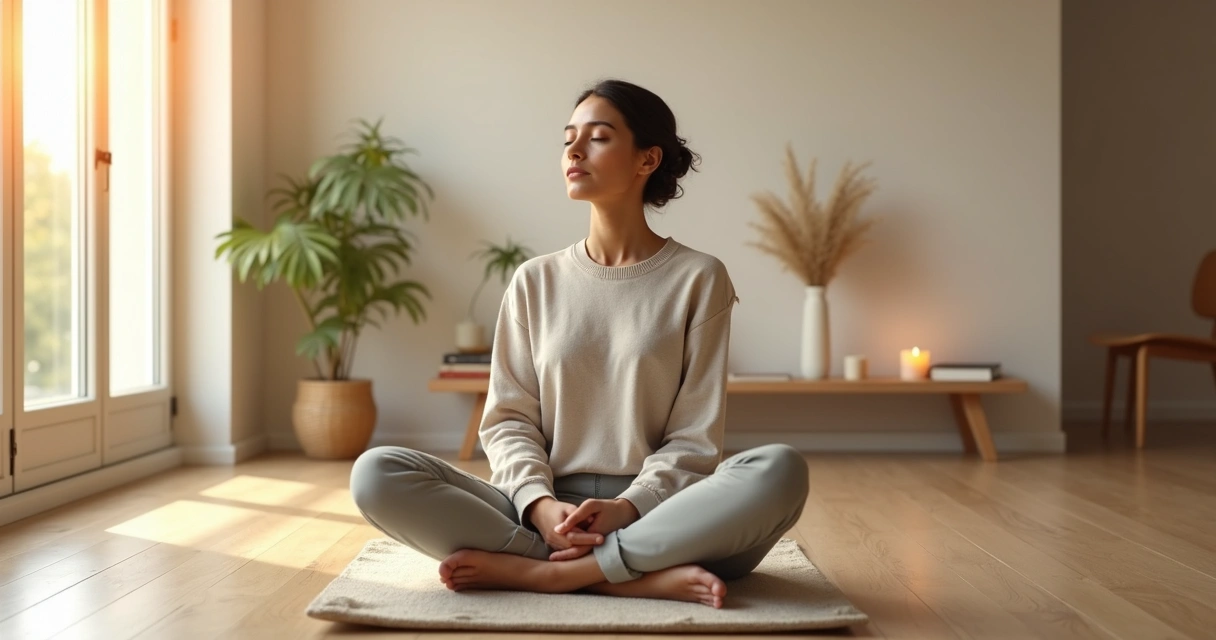 Pessoa sentada em meditação perto de janela com luz suave 