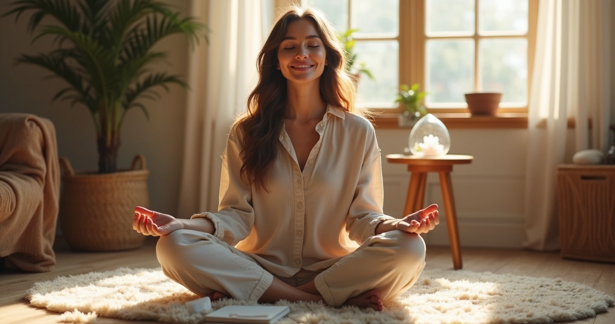 Mulher sentada de olhos fechados, meditando em casa, expressão confiante e serena