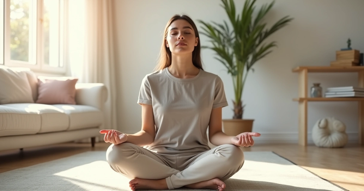 Pessoa sentada em meditação com mão no peito e outra estendida para frente 