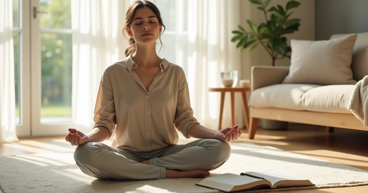 Mulher sentada meditando com caderno ao lado em ambiente calmo 