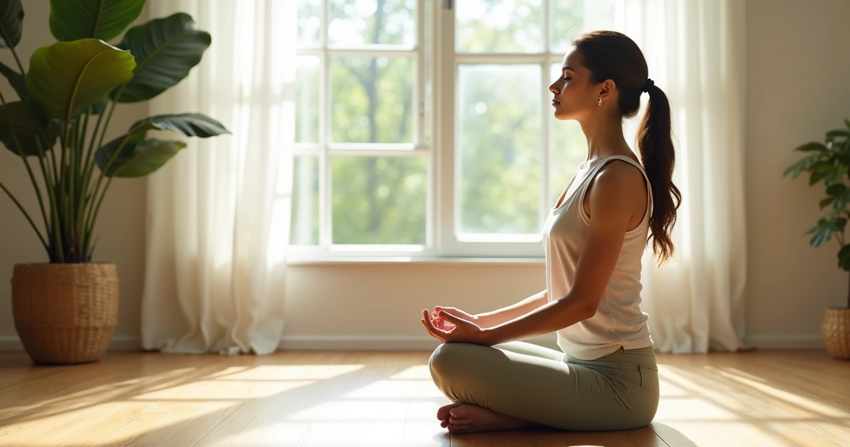 Mulher sentada em posição de meditação em um ambiente tranquilo e claro 