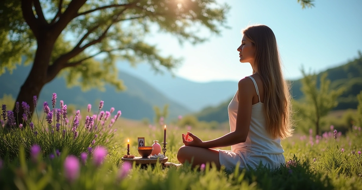 Mulher meditando em um campo, cercada por flores, vela acesa, cristais e altar pessoal.