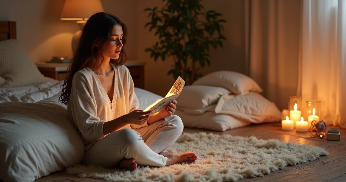 Mulher lendo carta de tarot antes de dormir, em ambiente aconchegante 
