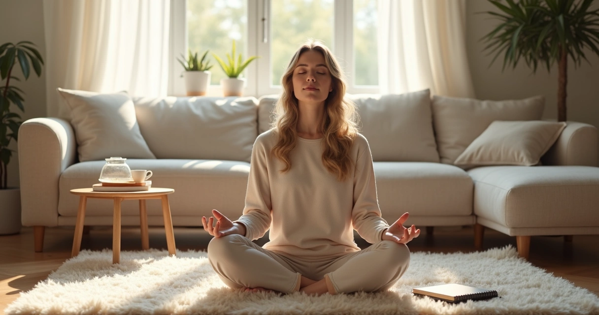 Mulher sentada meditando em casa com luz suave