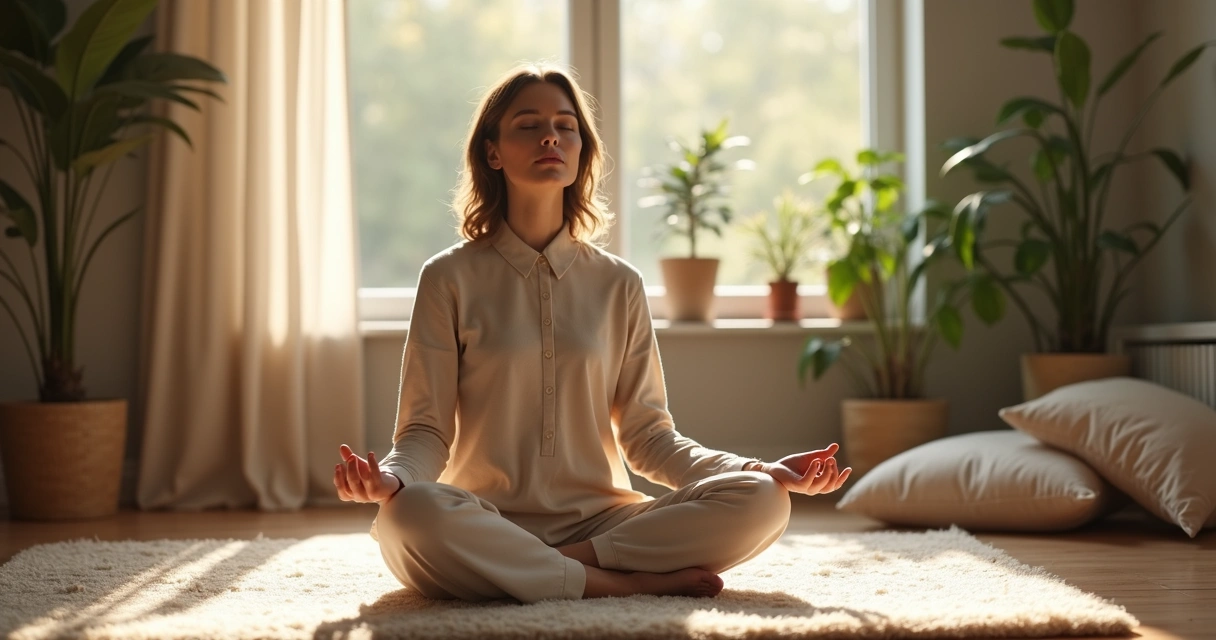 Mulher sentada em posição de meditação em ambiente calmo e iluminado por luz natural.