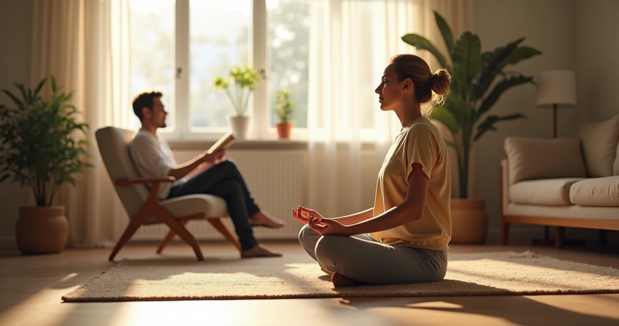 Mulher meditando enquanto parceiro lê ao fundo