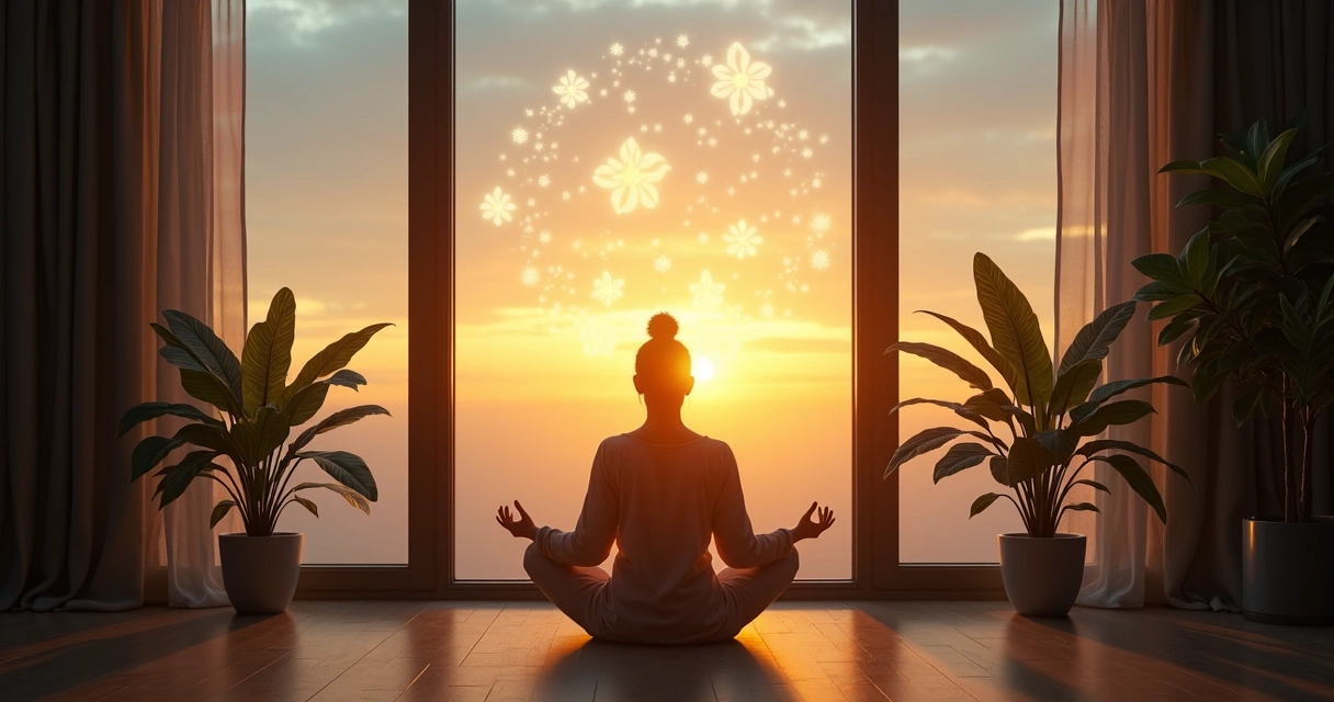 Mulher meditando perto de janela sentindo clima energético 