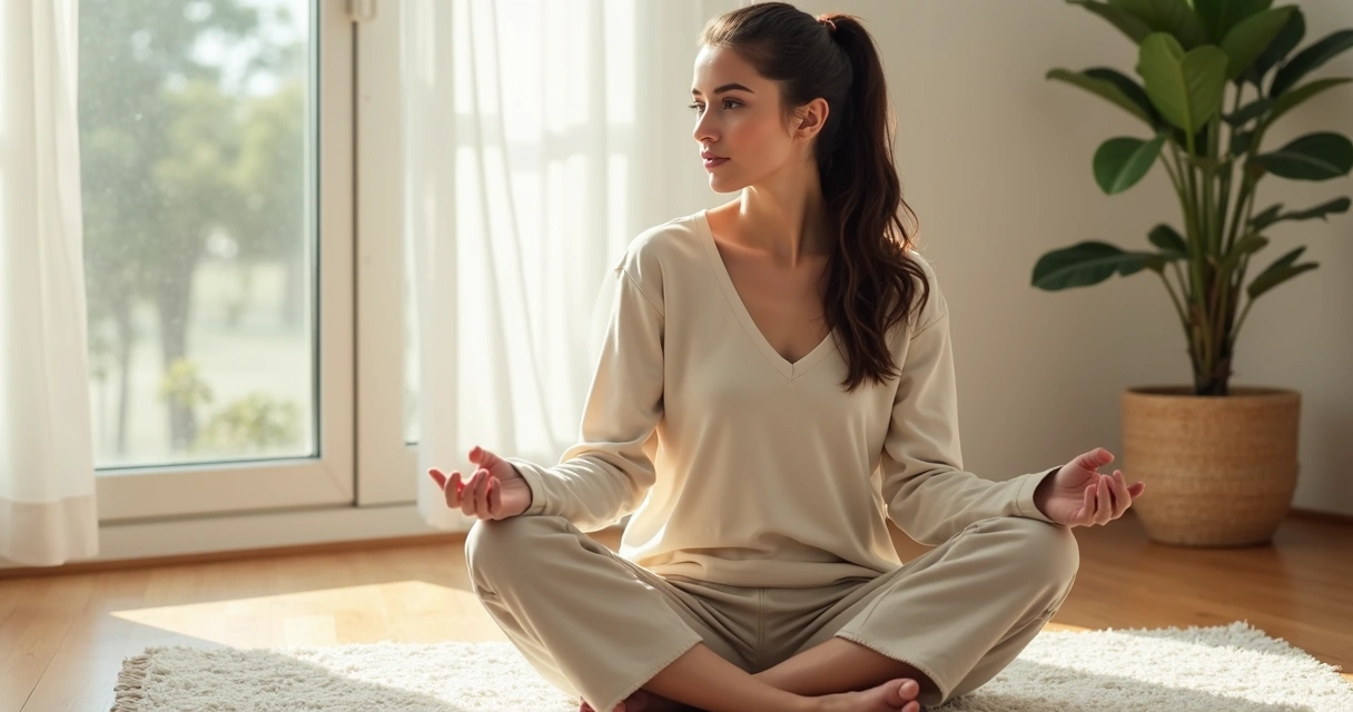 Mulher sentada em postura de meditação com coluna reta 