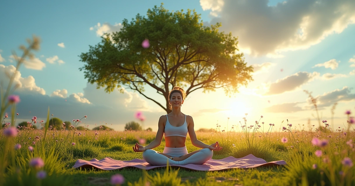 Mulher meditando em um campo verdejante, cercada por cristais coloridos e natureza serena.