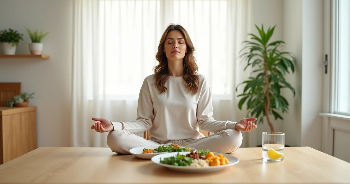 Mulher sentada à mesa meditando antes de fazer uma refeição colorida 