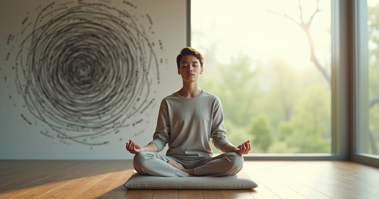 Pessoa sentada meditando com espiral de pensamentos se desfazendo ao fundo 