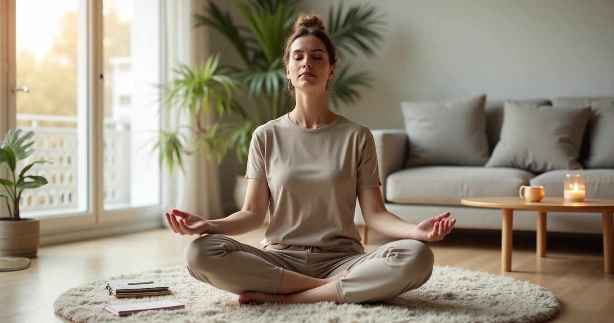 Mulher sentada meditando em casa com visual de equilíbrio emocional 