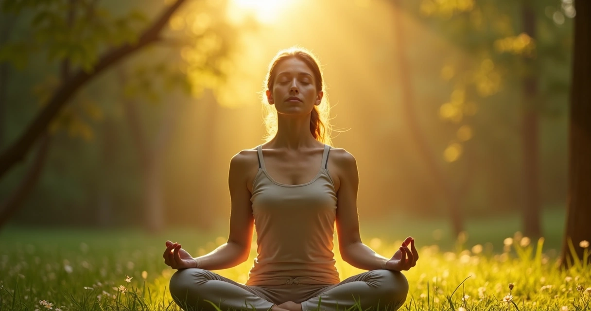 Mulher sentada em posição de lótus, olhos fechados, expressão serena, ambiente suave com luz dourada