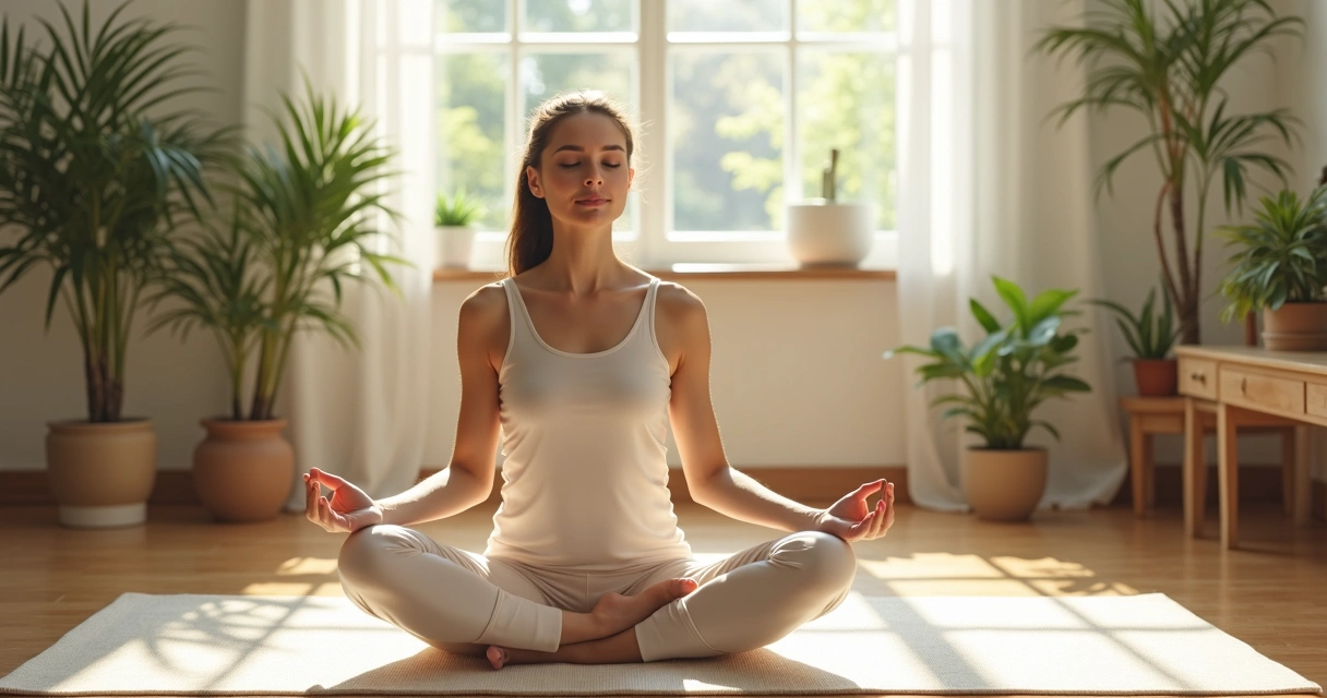 Mulher sentada de olhos fechados, postura meditativa, em ambiente sereno, sugerindo autoescuta corporal 