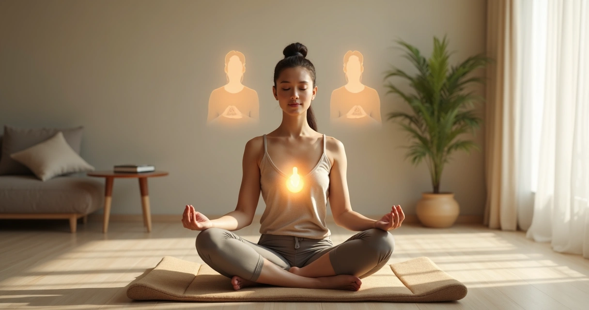 Mulher sentada em almofada meditando com silhuetas transparentes ao redor 