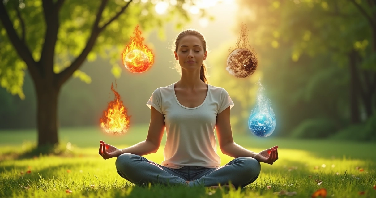 Mulher meditando com símbolos dos quatro elementos ao redor