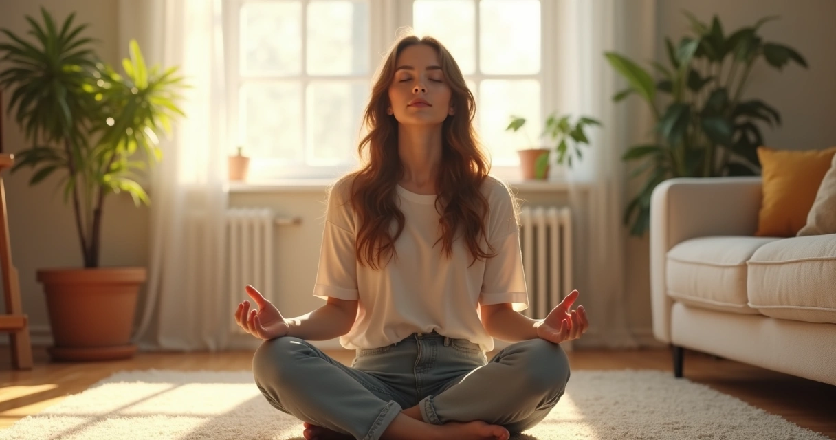 Mulher sentada no chão de uma sala claramente iluminada, olhos fechados, praticando a meditação guiada