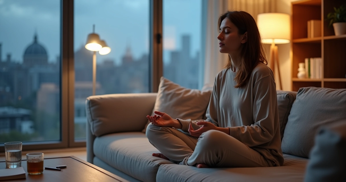 Pessoa sentada em casa praticando autorregulação durante um momento de crise 