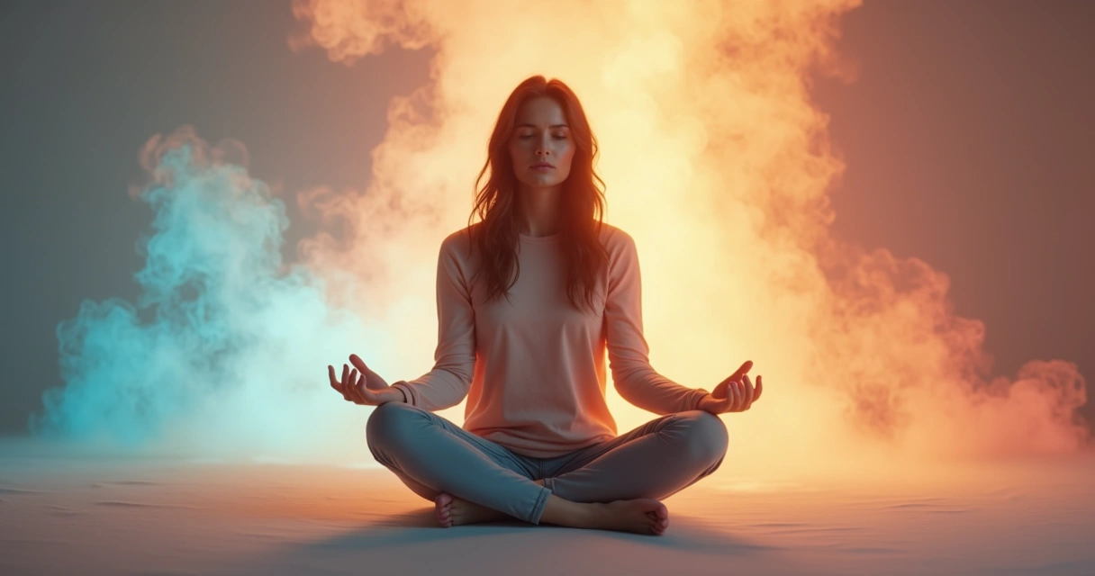 Mulher sentada em posição de meditação cercada por cores que simbolizam emoções 