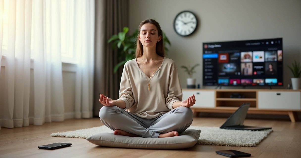 Mulher sentada meditando em casa com distrações ao redor 
