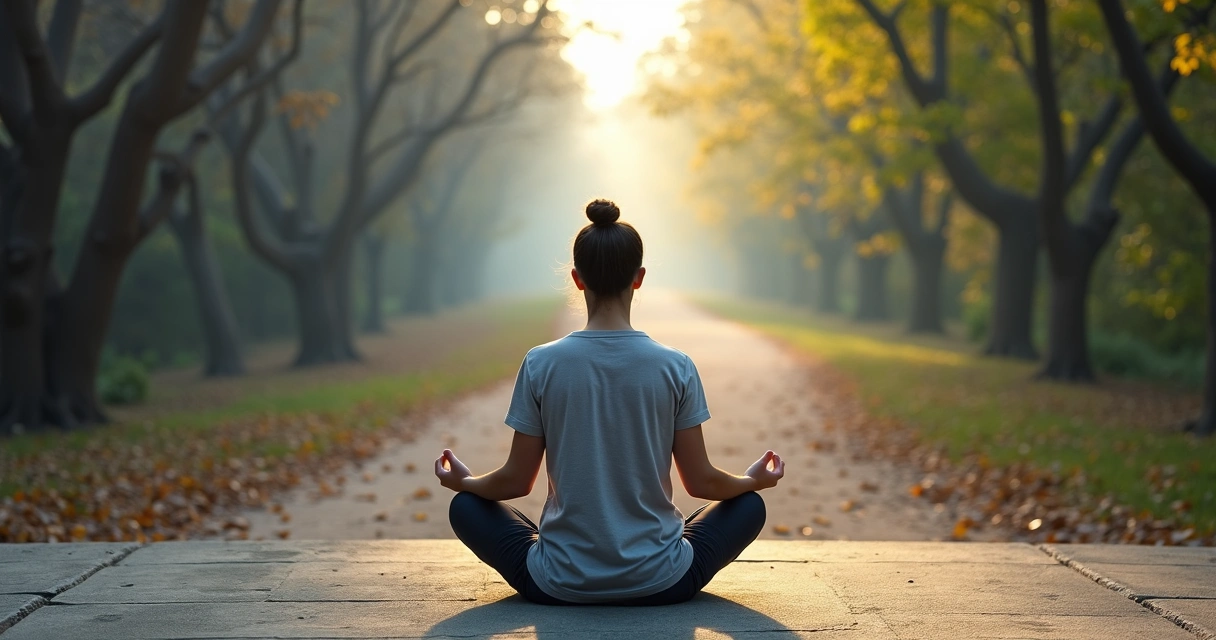 Pessoa sentada meditando diante de dois caminhos opostos na natureza 