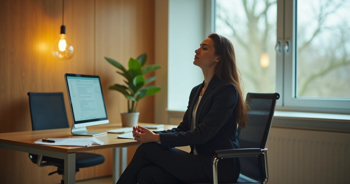 Mulher meditando em sua mesa de escritório, com olhos fechados e postura tranquila