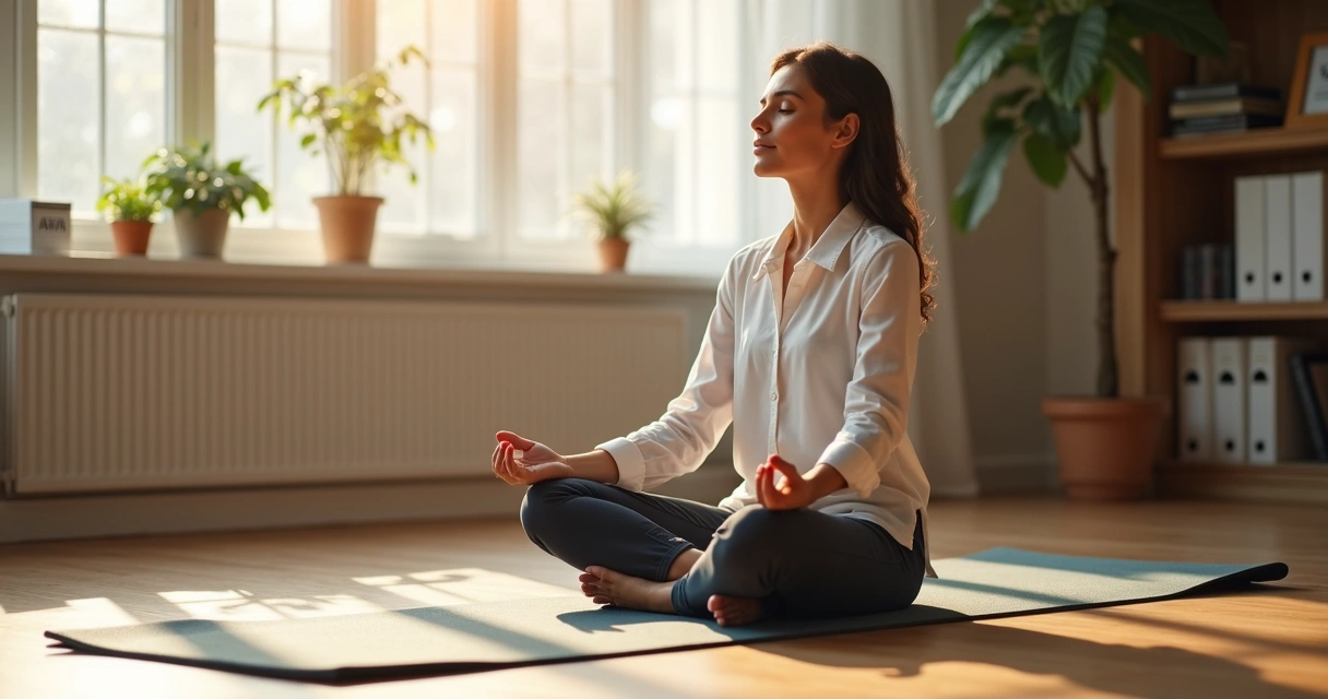 Mulher sentada em posição de meditação em uma sala de escritório iluminada 