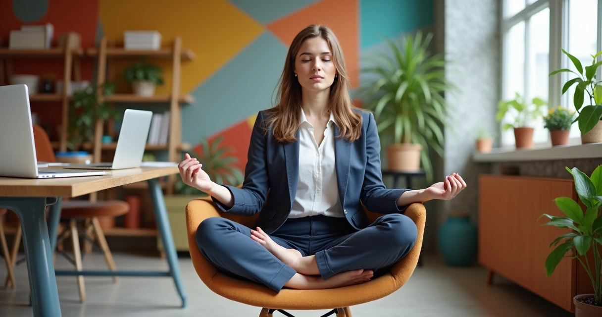 Mulher praticando meditação sentada em escritório moderno e colorido 
