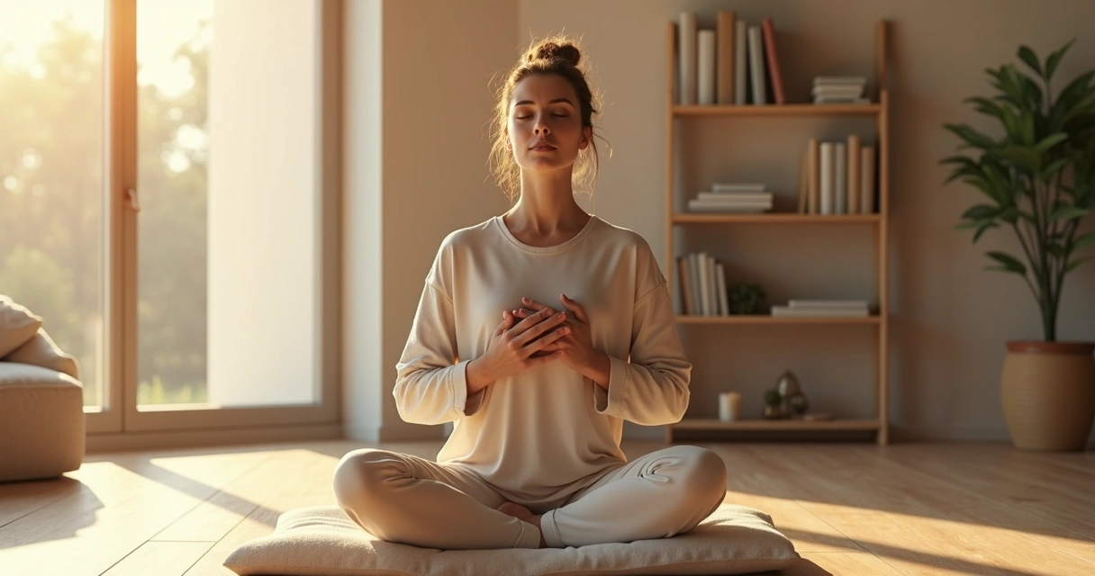 Mulher sentada em meditação em sala calma com foco na escuta interna 