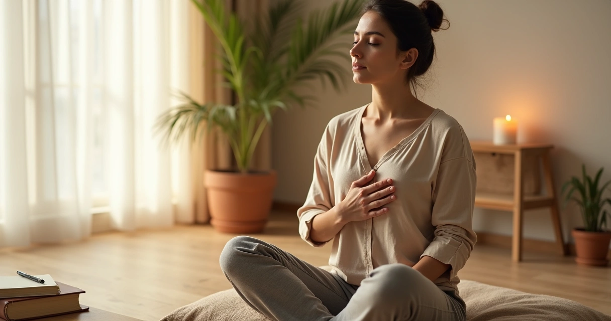 Mulher sentada em meditação em sala tranquila com luz suave 