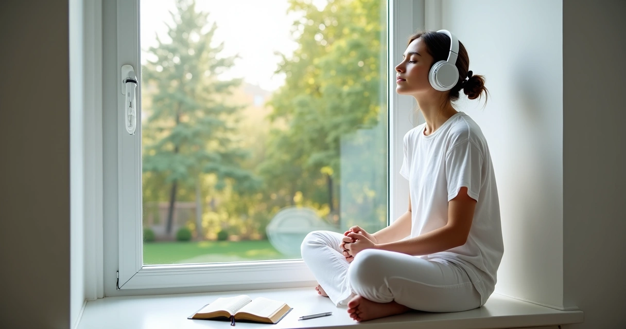 Mulher jovem meditando e escutando música cristã com fones de ouvido em ambiente claro e sereno 
