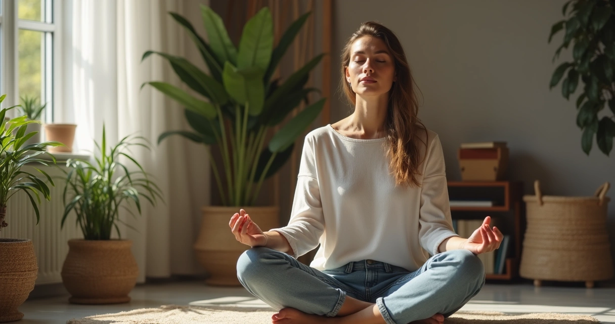 Mulher sentada em posição de meditação em ambiente calmo 