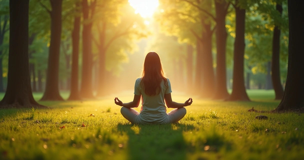Mulher sentada em posição de meditação em floresta com feixes de luz dourada 