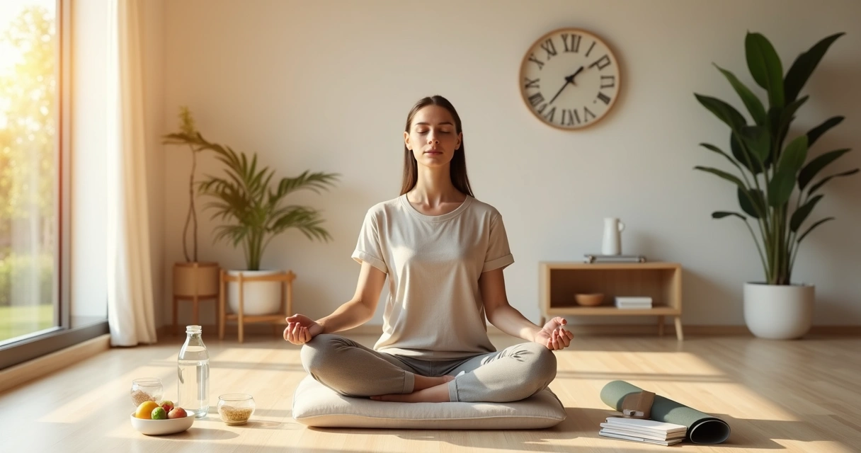 Mulher meditando sentada em sala iluminada cercada por elementos de rotina saudável 