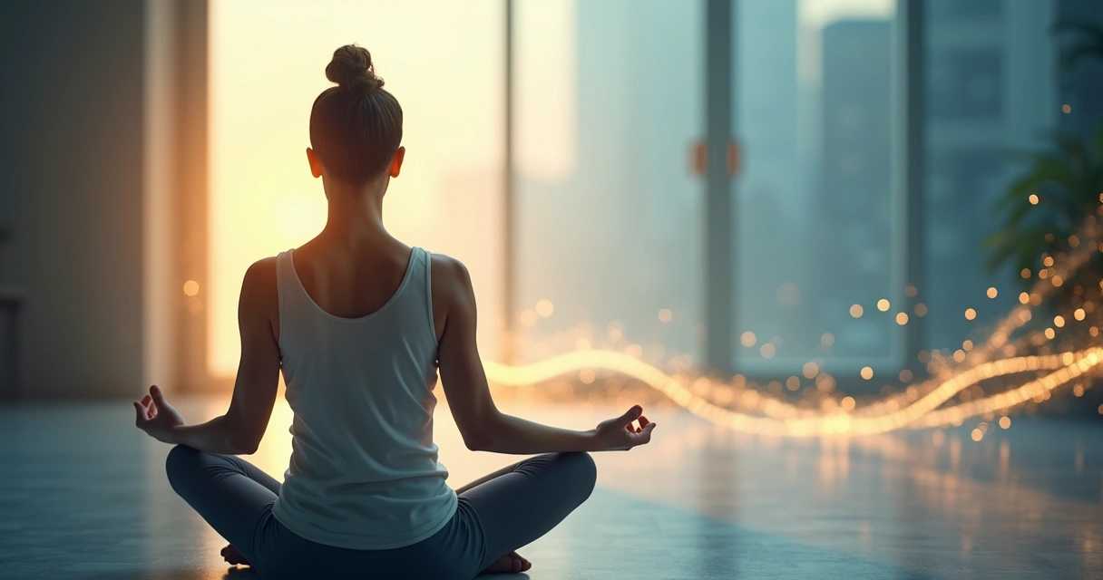 Mulher meditando com ilustrações sutis de fluxos de energia ao redor. 